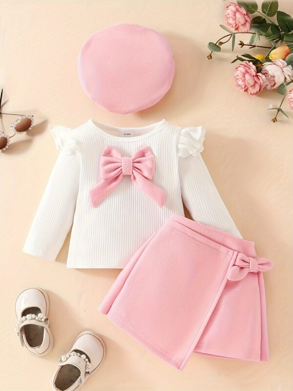 3pcs Baby's Adorable Bowknot Decor Long Sleeve Top + Beret + Trendy Skirt, Toddler & Infant Girl's Clothing Outdoor Set For Winter Fall, Outdoor Cloth - Image 9