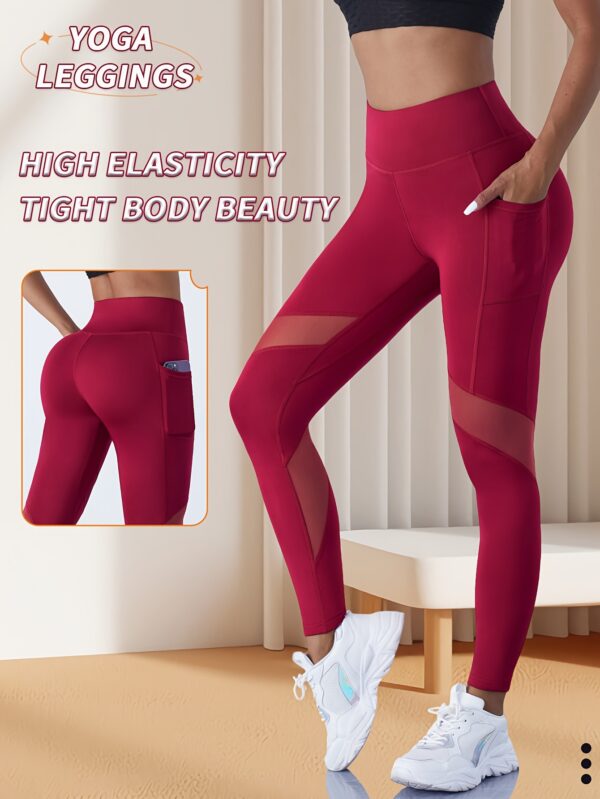 Yoga Tights with Abdominal Reduction and Contrast Color Mesh Fitness Gym Tights with Side Phone Pockets Yoga Leggings - Image 7
