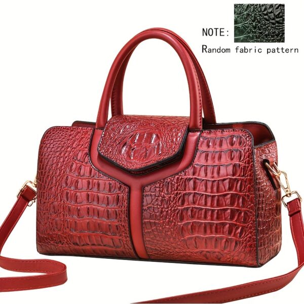 Elegant Women's Crocodile-Embossed Handbag - Chic European & American Style, Versatile Crossbody & Shoulder Bag in Black with Green Accents, Durable PU Material with Polyester Lining, Zip Closure - Image 4