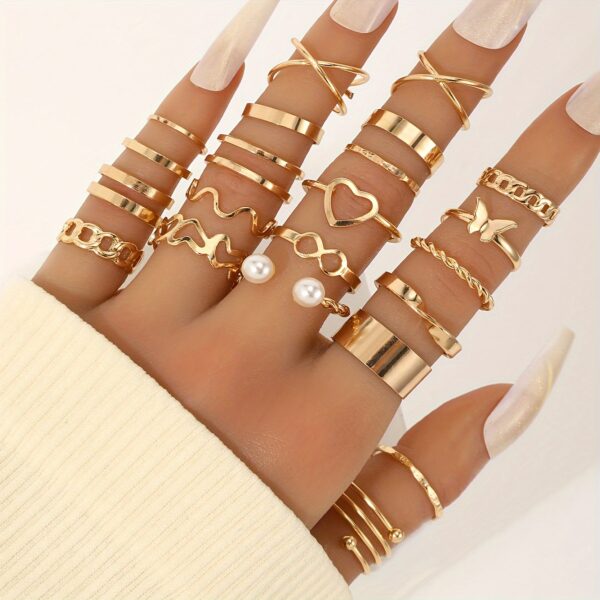 22-Piece Fashion Stackable Rings Set, Vintage Punk Style, Faux Pearl Inlays, Versatile for Daily Wear, Parties, Casual Vacation, Perfect Gift for Women, Zinc Alloy, Heart Theme, All-Season Accessory - Image 3