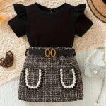 Spring and Summer Baby Girl Ribbed Comfortable T-shirt and Thick Flower Half Skirt + Belt Children's Dress Set 3-6m Water Drop Buckle, Perfect for Outdoor