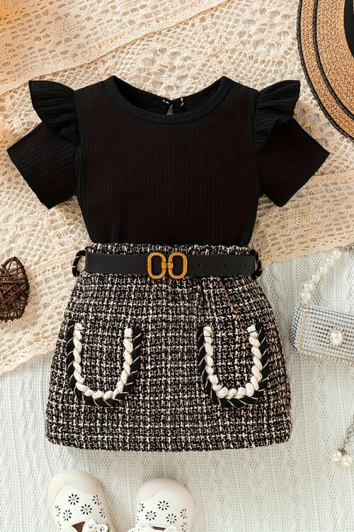 Spring and Summer Baby Girl Ribbed Comfortable T-shirt and Thick Flower Half Skirt + Belt Children’s Dress Set 3-6m Water Drop Buckle, Perfect for Outdoor