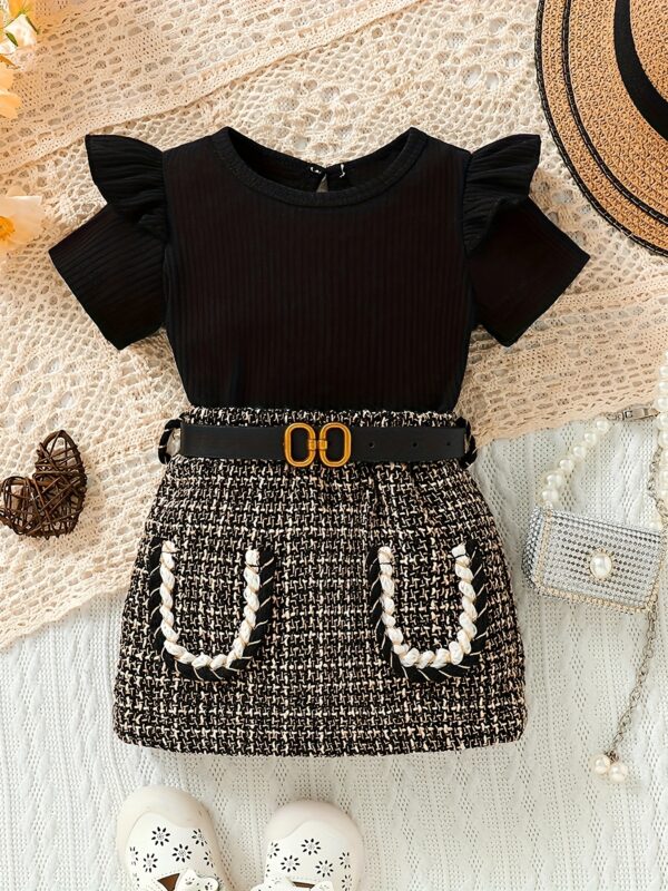Spring and Summer Baby Girl Ribbed Comfortable T-shirt and Thick Flower Half Skirt + Belt Children's Dress Set 3-6m Water Drop Buckle, Perfect for Outdoor