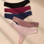 5pcs Soft & Breathable Women's Thongs - Sexy Low-Rise Ribbed Underwear in Black, Navy Blue, Maroon, Dark Pink & Light Pink, Hand Wash Only - Image 3