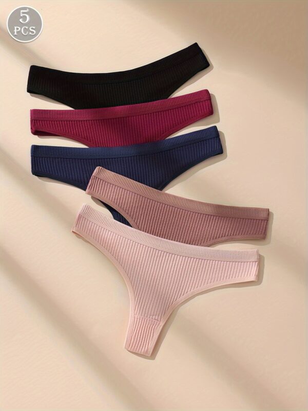 5pcs Soft & Breathable Women's Thongs - Sexy Low-Rise Ribbed Underwear in Black, Navy Blue, Maroon, Dark Pink & Light Pink, Hand Wash Only - Image 3