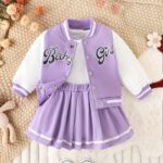 Preppy Style Girls 2pcs BABY GIRL Print Baseball Jacket + Pleated Skirt Outdoor Set For Party Sports Gift
