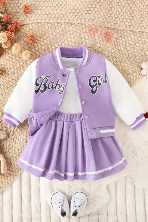 Preppy Style Girls 2pcs BABY GIRL Print Baseball Jacket + Pleated Skirt Outdoor Set For Party Sports Gift