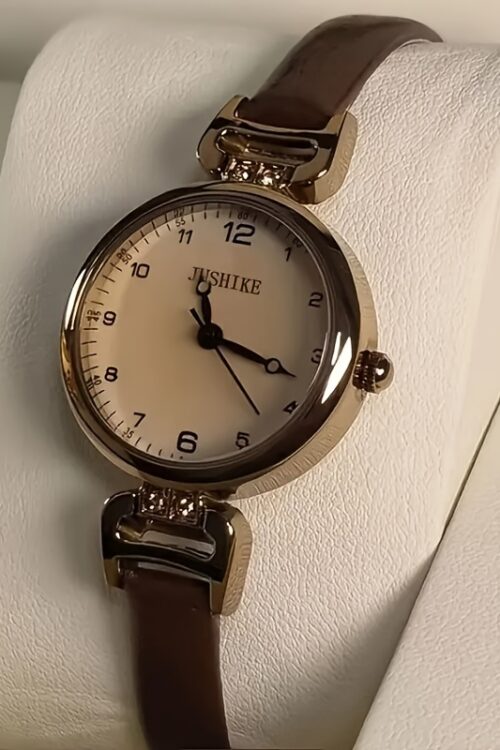 Elegant Vintage Women’S Quartz Watch with Brown Faux Leather Strap, Golden-Tone Alloy Case, Arabic Numerals, and Minimalist Design – Perfect for Casual Attire, Casual Watch|Elegant Timepiece|Goldtone Case, Watch Accessories
