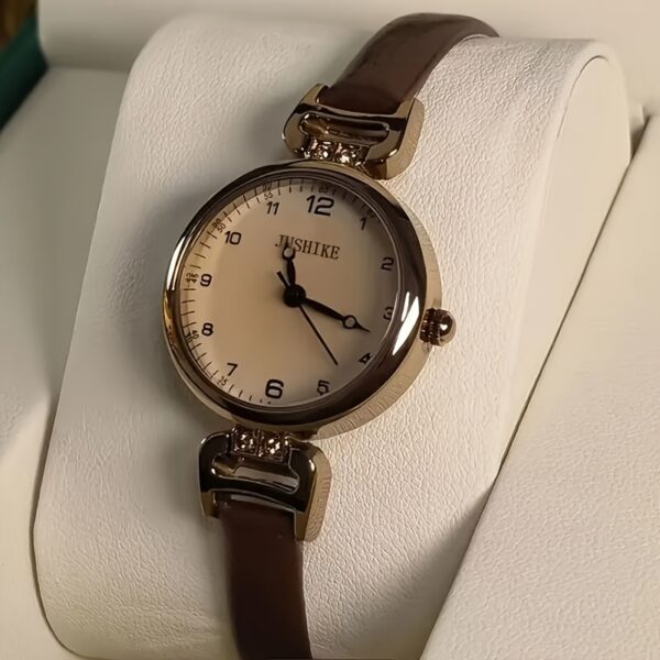 Elegant Vintage Women'S Quartz Watch with Brown Faux Leather Strap, Golden-Tone Alloy Case, Arabic Numerals, and Minimalist Design - Perfect for Casual Attire, Casual Watch|Elegant Timepiece|Goldtone Case, Watch Accessories