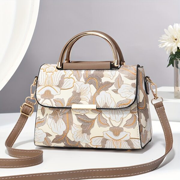 Floral Embroidered Crossbody Bag, Large Capacity with Zipper Closure, Polyester Lined, Versatile Commuter Handbag, Luxurious & Fashionable Design, Edge Paint Detail - Available in Black, Beige, Pink, Khaki, Green - Image 5