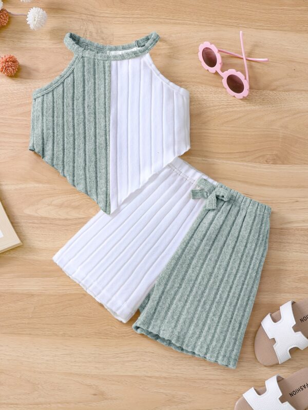 Girls 2pcs Summer Outfit Set, Knitted Polyester & Elastane, Solid Color Halter Neck Top with Bow Detail & Matching Shorts, Casual Fit for Playtime & Outings, for Outdoor - Image 5