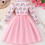 Elegant Floral Print Long Sleeve Dress with Belt - Mint Green Turned-Collar, Tulle Skirt, Perfect for Fall/Winter, Toddler Fashion, Toddler Fashion Outfit | Floral Print Dress | Glossy Fabric, Floral Print Blouse - Image 10