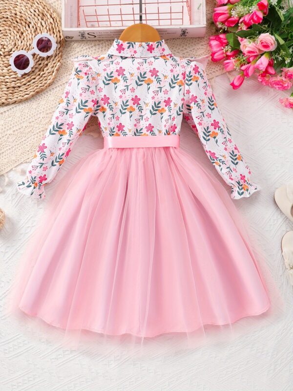 Elegant Floral Print Long Sleeve Dress with Belt - Mint Green Turned-Collar, Tulle Skirt, Perfect for Fall/Winter, Toddler Fashion, Toddler Fashion Outfit | Floral Print Dress | Glossy Fabric, Floral Print Blouse - Image 10