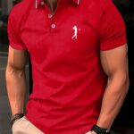 Men's Short Sleeve Shirt - White with Red Golf Print, Striped Collar & Cuffs, Breathable Summer Golf & Casual Wear, Machine Washable Regular Fit, Durable Fabric - Image 8