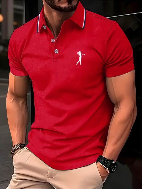 Men's Short Sleeve Shirt - White with Red Golf Print, Striped Collar & Cuffs, Breathable Summer Golf & Casual Wear, Machine Washable Regular Fit, Durable Fabric - Image 8
