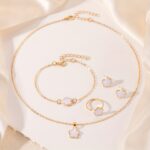 5pcs Jewelry Set Lucky Clover Bracelet, Necklace, Earrings, Necklace and Ring Jewelry Set Suitable for daily wear as a gift for friends - Image 3