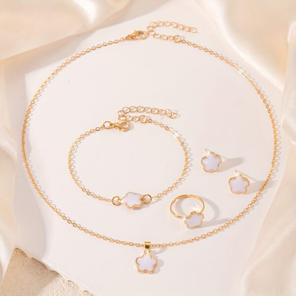 5pcs Jewelry Set Lucky Clover Bracelet, Necklace, Earrings, Necklace and Ring Jewelry Set Suitable for daily wear as a gift for friends - Image 3
