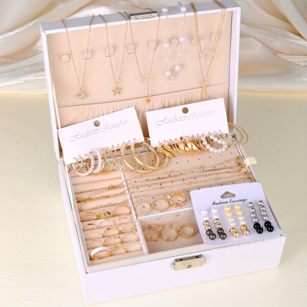 91pcs/114pcs Fashion Minimalist Luxury Metal Wind Hoop Earrings Set Hollow Layered Flower Ring Rhinestone Butterfly Bead Faux Imitation Pearl Pendant Necklace Beaded Bracelet Box Women's Jewelry Set for s Daily Party Friendship Birthday Gift No Box - Image 8