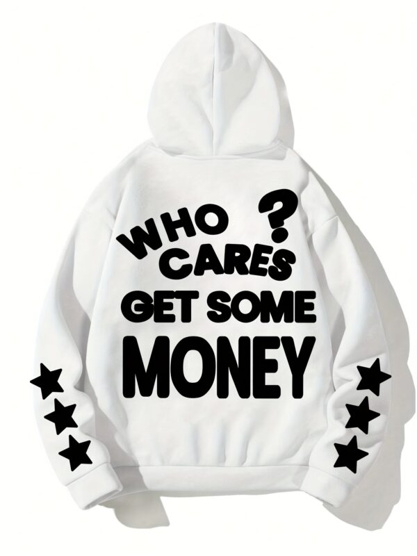 Men's Casual Street Style Hoodie - "Who Cares? Get Some Money" Graphic, Loose Fit, Long Sleeve, Polyester, Machine Washable - Perfect for Spring/Fall, Oversized Hoodie - Image 2
