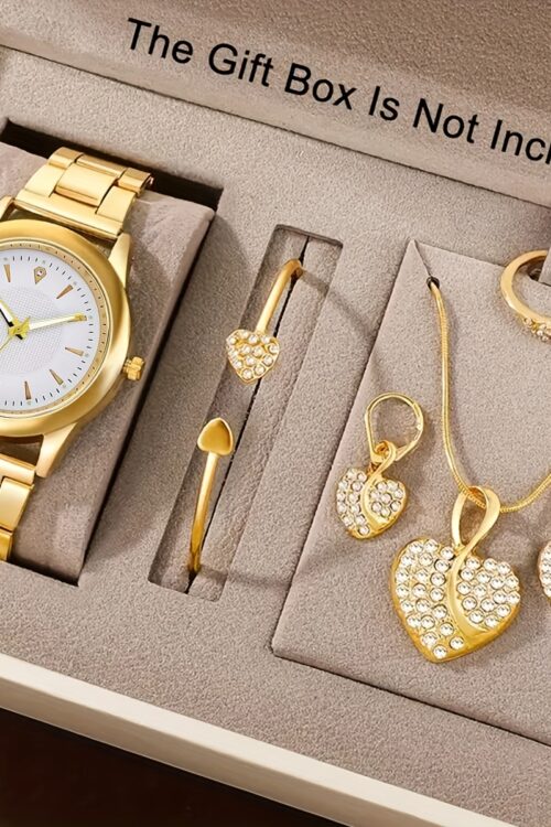 6pcs Elegant Women’s Quartz Watch Set with Heart-Shaped Jewelry, Perfect Gift for Ladies, Non-Adjustable Alloy Strap, Classic Bar Markers Round Dial, Ideal Gift for Sisters and Mothers, Suitable for Ramadan or Casual Attire, No Packaging Box Included, Middle East Special Edition