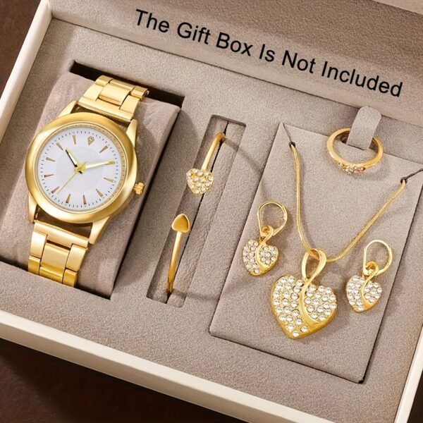 6pcs Elegant Women's Quartz Watch Set with Heart-Shaped Jewelry, Perfect Gift for Ladies, Non-Adjustable Alloy Strap, Classic Bar Markers Round Dial, Ideal Gift for Sisters and Mothers, Suitable for Ramadan or Casual Attire, No Packaging Box Included, Middle East Special Edition