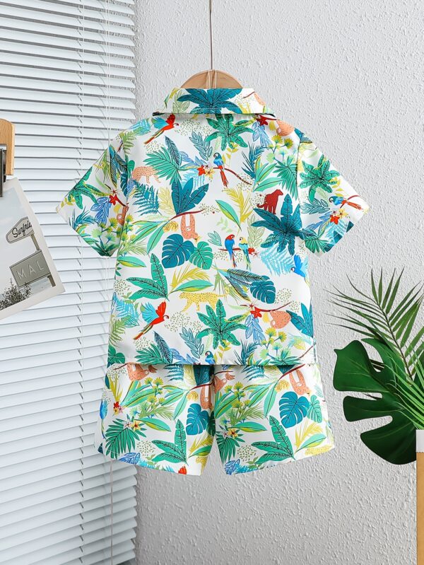 Boys' Summer Casual Outfit: White Leaf Print Short Sleeve Shirt and Comfortable Shorts Set, Polyester, Non-Stretch Fabric - Ideal for Outdoor Activities, Tree Leaf, Suitable, Leisure Style, Conventional Version, Summer, Perfect for Outdoor - Image 2