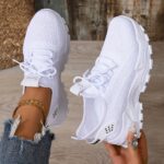 Large size Women's white shoes, summer mesh lace sneakers, comfortable low-top running shoes, travel and vacation leisure