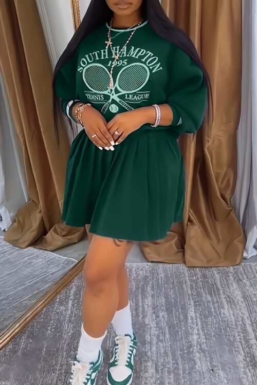 Printed Sweatshirt and Pleated Skirt Two-Piece Set