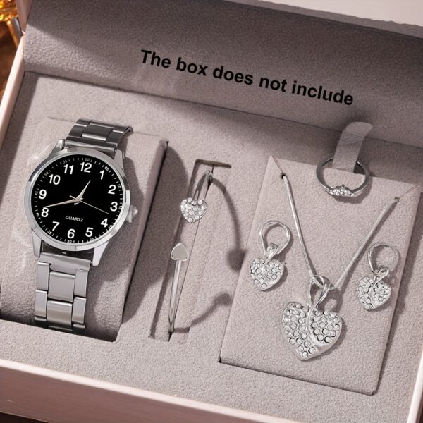 6pcs Elegant Women's Quartz Watch Set with Heart-Shaped Jewelry, Perfect Gift for Ladies, Non-Adjustable Alloy Strap, Classic Bar Markers Round Dial, Ideal Gift for Sisters and Mothers, Suitable for Ramadan or Casual Attire, No Packaging Box Included, Middle East Special Edition - Image 3