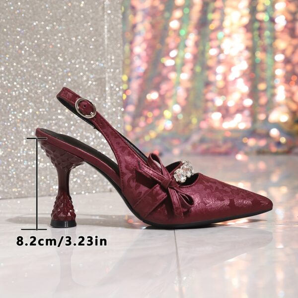 Elegant French-Inspired Pointed Toe Stiletto Sandals for Women - Summer High Heels with Ankle Strap, Rhinestone Embellishments & Bow Detail, Red & Black, Faux Cover, Perfect for Casual or Formal Occasions, Stiletto Heels - Image 10