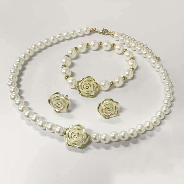 3pcs Set of Camellia Imitation Pearl Women'S High-end Ball Party Necklace, Bracelet and Earrings Set - Image 2