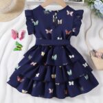 Waddling Girl Elegant Butterfly Pattern Print Tiered Skirt with Three-Layer Hem Suitable for Summer - Image 2