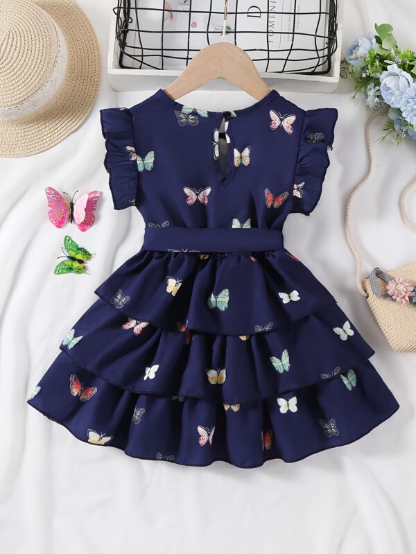 Waddling Girl Elegant Butterfly Pattern Print Tiered Skirt with Three-Layer Hem Suitable for Summer - Image 2