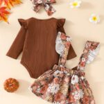 2pcs Cute Little Girl Flower Print Long Sleeve Flying Sleeve Ha Ha Shirt 0 Months-24 Months Baby Dark Buckle Collar Triangle Climbing Suit Spring and Autumn Clothes + Fashion Baby Carrier Skirt Long Does Not Include Shoulder Strap and Bow Headband, Perfect for Outdoor - Image 2