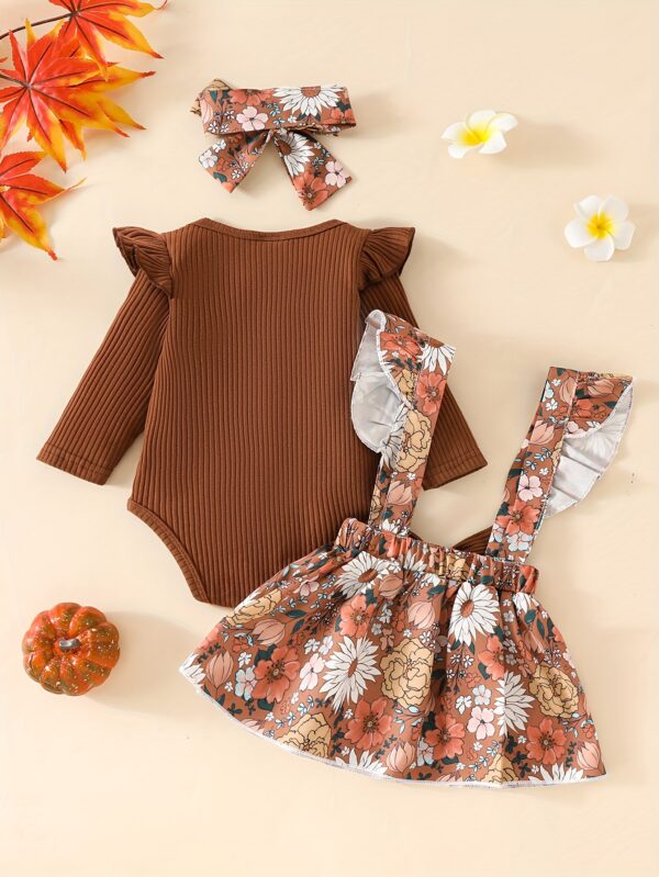 2pcs Cute Little Girl Flower Print Long Sleeve Flying Sleeve Ha Ha Shirt 0 Months-24 Months Baby Dark Buckle Collar Triangle Climbing Suit Spring and Autumn Clothes + Fashion Baby Carrier Skirt Long Does Not Include Shoulder Strap and Bow Headband, Perfect for Outdoor - Image 2