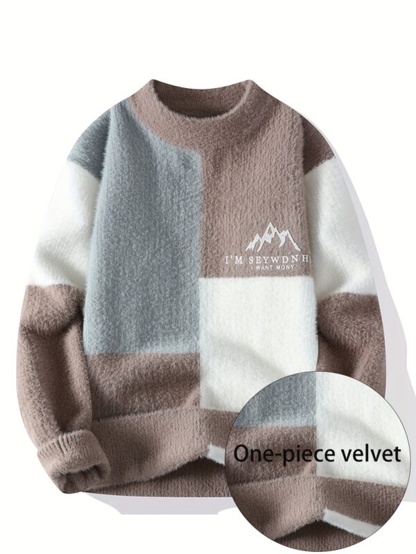 SENMEIGUO Men'S Chunky Knit Sweater, Casual Round Neck, Long Sleeve, Letter Print, Warm Winter Top, Regular Fit, Knitted Fabric, 2024 Fall/Winter Collection - Image 2