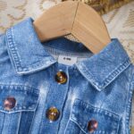 A Cute Sleeveless Dress for Baby Girls Featuring a Shirt Collar, Print Faux Denim, And Animal-Themed Designs, Perfect for Summer. - Image 3