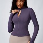 High-Elasticity Slim-Fit Yoga Top - Stand Collar Zipper Front Long Sleeve Workout Shirt, Peach Solid Color Non-See-Through Fabric for Yoga, Gym & Casual Wear, Machine Washable, Formfitting Design, Highelasticity Material - Image 9