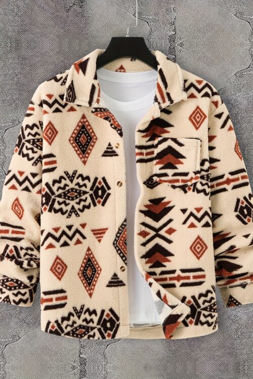 Men’S Aztec Pattern Flannel Jacket, Regular Fit, Long Sleeve, Casual Pullover with Pockets, Polyester Knit Fabric, Non, Spring/Autumn Collection