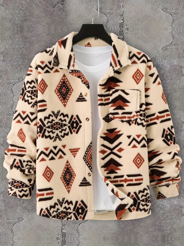 Men'S Aztec Pattern Flannel Jacket, Regular Fit, Long Sleeve, Casual Pullover with Pockets, Polyester Knit Fabric, Non, Spring/Autumn Collection