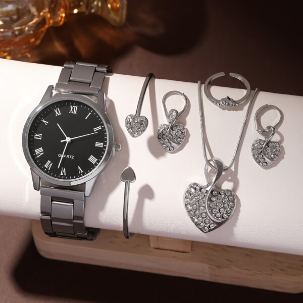 6pcs Elegant Women's Quartz Watch Set with Heart-Shaped Jewelry, Perfect Gift for Ladies, Non-Adjustable Alloy Strap, Classic Bar Markers Round Dial, Ideal Gift for Sisters and Mothers, Suitable for Ramadan or Casual Attire, No Packaging Box Included, Middle East Special Edition - Image 5
