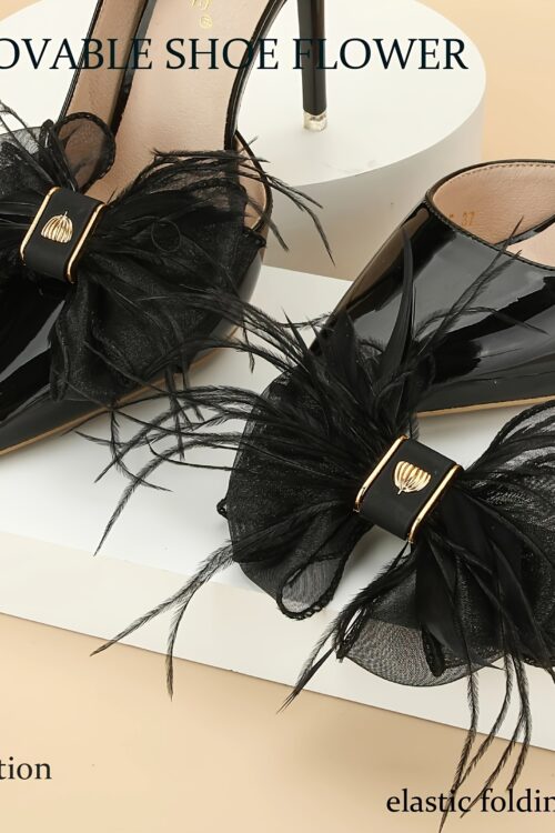 2pcs Feather Mesh Bowknot Design Shoe Clips, Detachable Wedding Shoe Decoration Accessories For High Heels