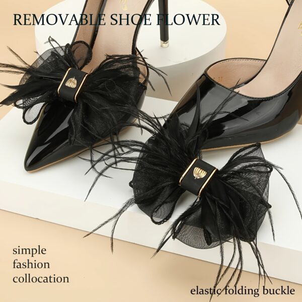 2pcs Feather Mesh Bowknot Design Shoe Clips, Detachable Wedding Shoe Decoration Accessories For High Heels