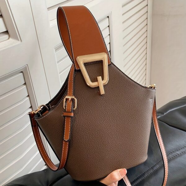 French-Inspired Elegant Women's Bucket Bag with Adjustable Thin Shoulder Strap, Large Capacity & Golden-Tone Lock Closure - Beige All-Purpose Commuter Handbag for Work, Travel, Daily Use, Crossbody Purse, Travel Handbag, Sophisticated Fashion, Textured Finish - Image 7