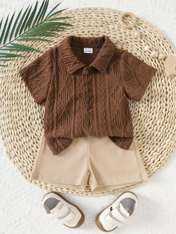 Youngsters Youngsters Boy Summer Solid Color Jacquard Short Sleeve Shirt + Shorts Two Piece Set, Perfect for Outdoor - Image 2