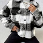Plaid Button Front Teddy Coat, Casual Flap Pocket Long Sleeve Coat For Fall & Winter, Women's Clothing - Image 5