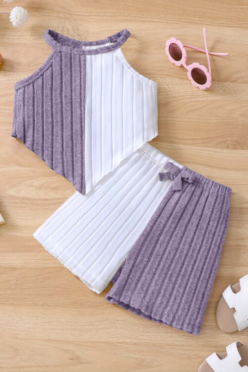 Girls 2pcs Summer Outfit Set, Knitted Polyester & Elastane, Solid Color Halter Neck Top with Bow Detail & Matching Shorts, Casual Fit for Playtime & Outings, for Outdoor