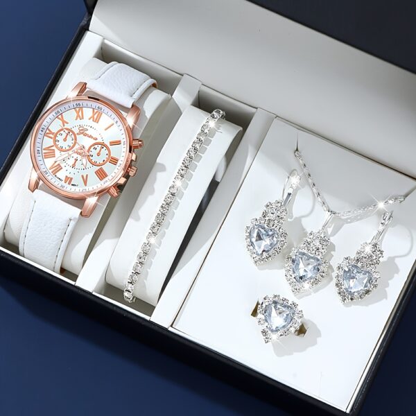1pc Set of Fashionable Women'S Sky Blue Roman Quartz UP Faux Leather Watch And 5pcs of Heart Sky Blue Accessories Set. Eid, Valentine'S Day, Easter Gift for Mom - Image 7