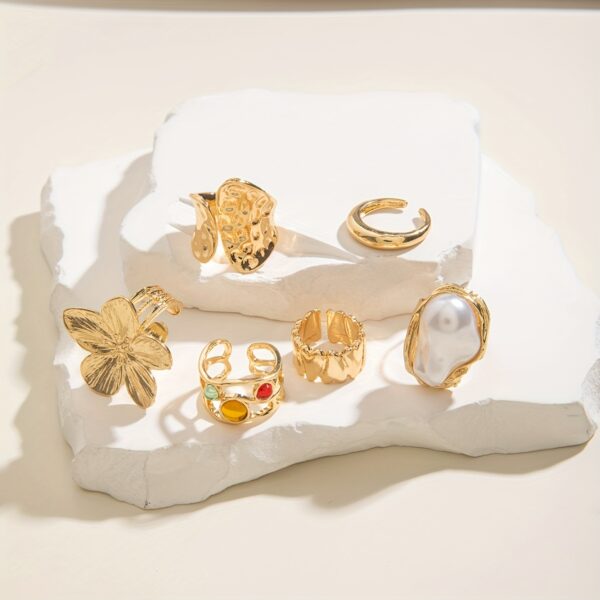 6pcs set of fashionable and flower-set Rhinestone rings, metal geometric irregular opening ring sets suitable for parties and gifts for friends - Image 2