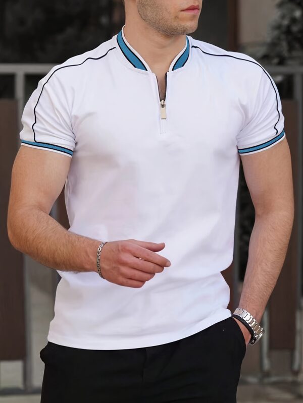Men'S Casual Short Sleeve Polo Shirt - Beige with Black Side Stripes, Comfortable Breathable Fabric, Mandarin Collar, Zipper Detail, Perfect for Sports, Outdoor Activities & Casual Wear, Sports Casual Wear | Minimalist Design | Comfortable Fit - Image 5